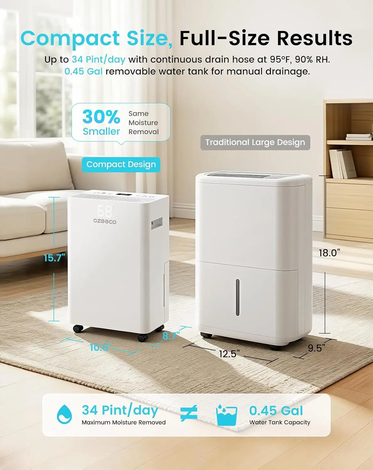 ^For Dehumidifier for Basement up to 2500 Sq.Ft, Home Dehumidifier Max 34 Pint/Day, with 0.45 Gal Water Tank, Drain Hose, Ionize