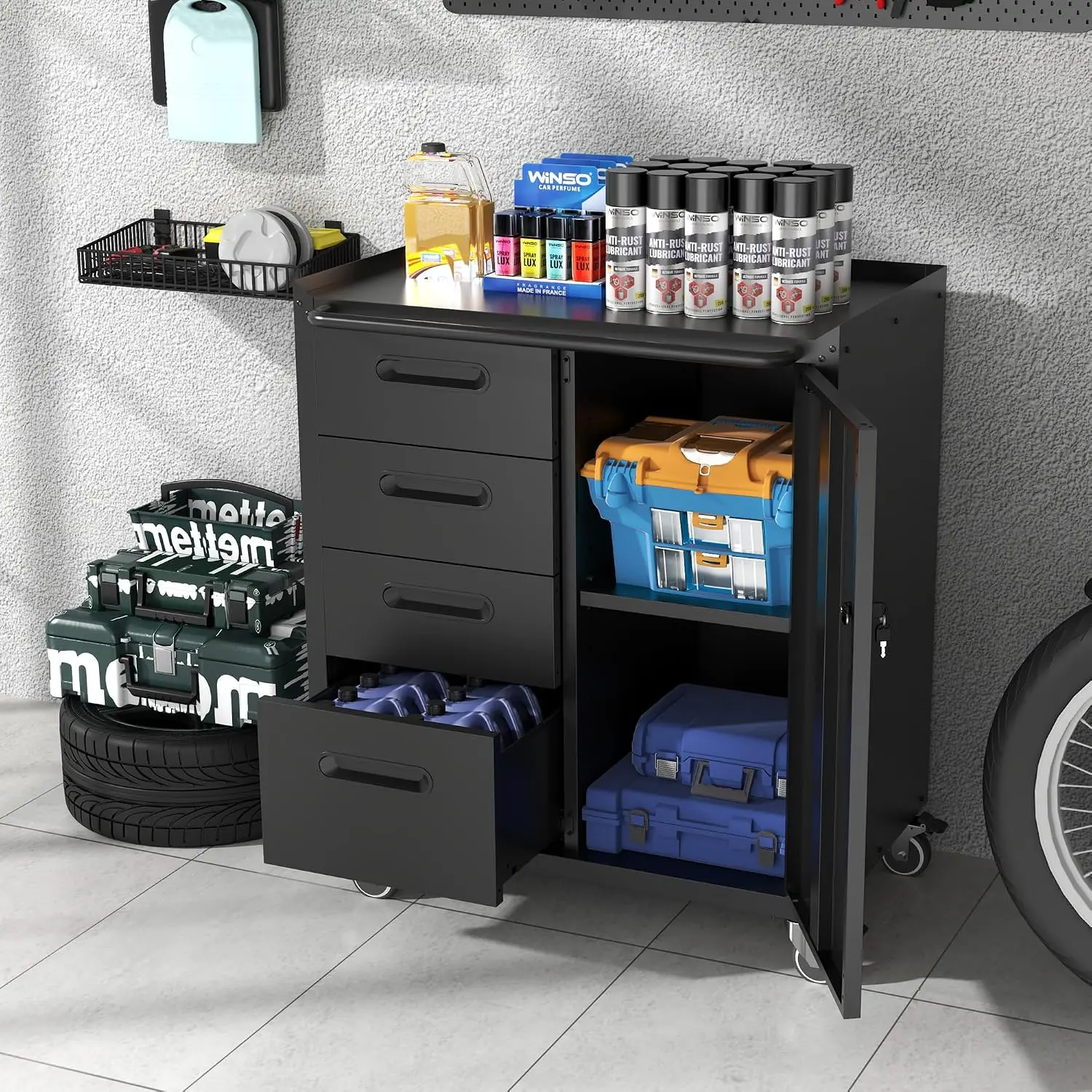 Metal Storage Cabinet for Garage, Tool Cabinet, Utility Cabinet | Wheeled, Rolling Tool Cabinet, 4 Drawers, 1 Door Lockable, Top