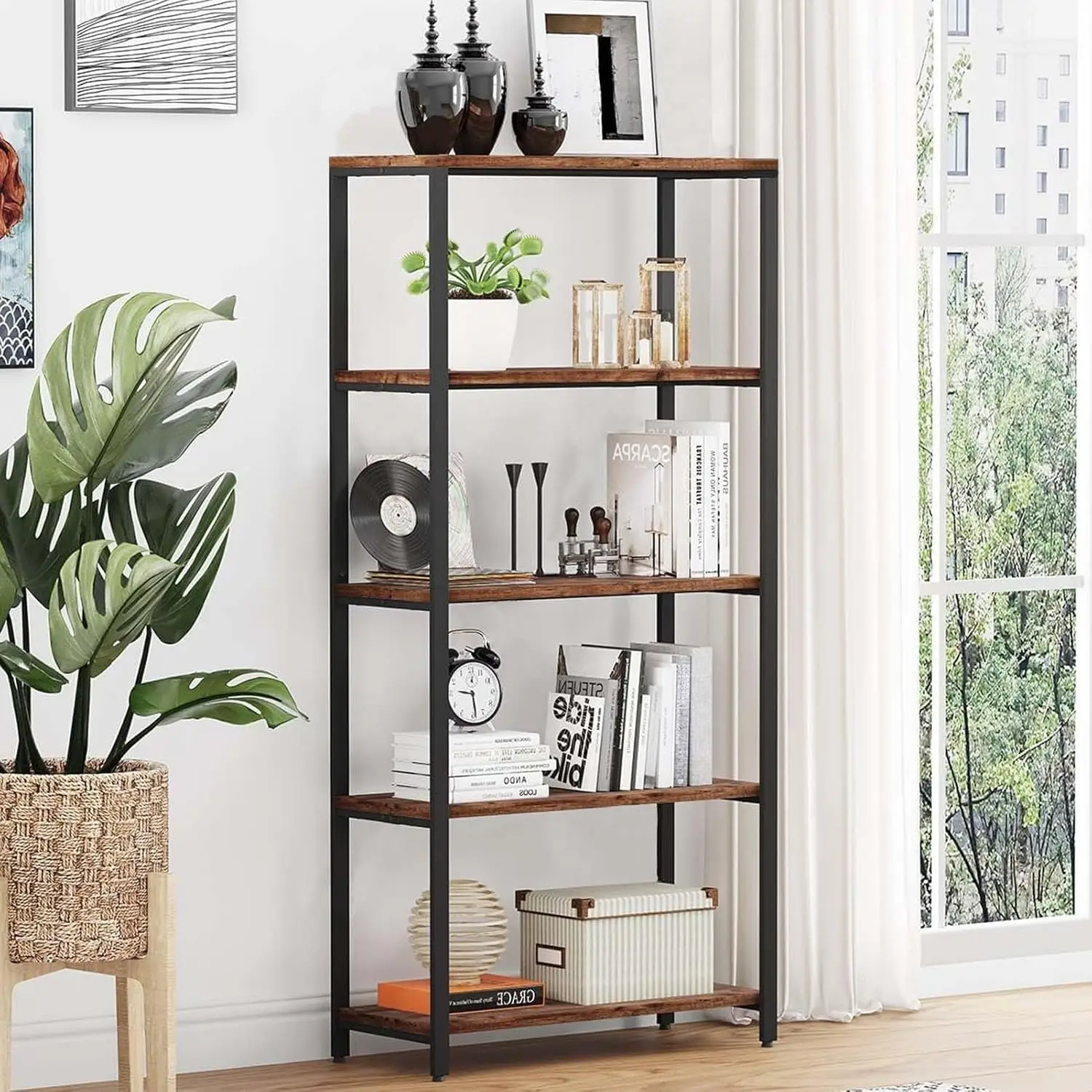 Tall Bookshelf, 5 Tier Etagere Bookcase, Free Standing Open Book Shelves, Rustic Industrial Bookshelf with Metal Frame,