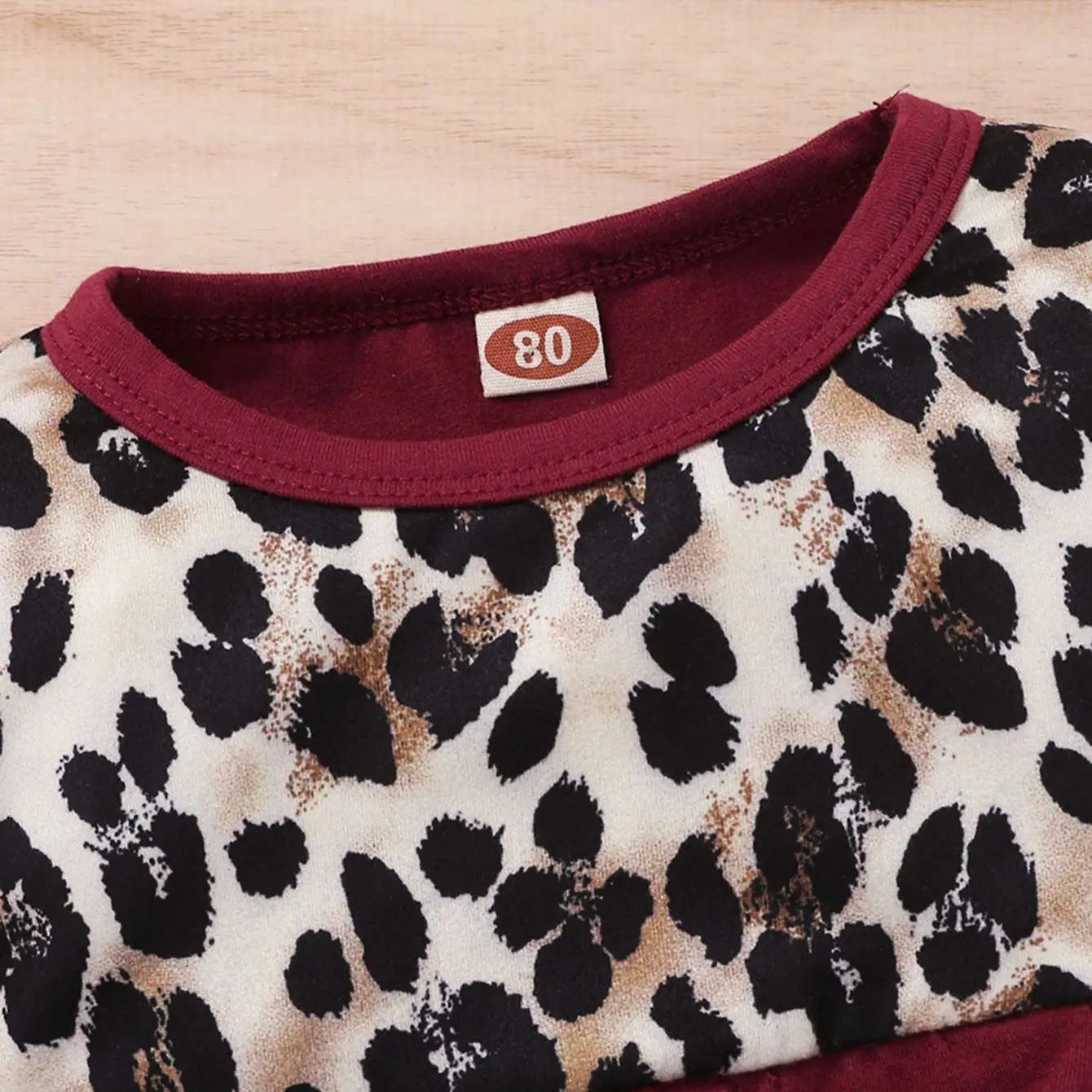 0-2-year-old newborn baby  spring and autumn wine red stitching leopard print round-necked long-sleeved trousers fashion suit