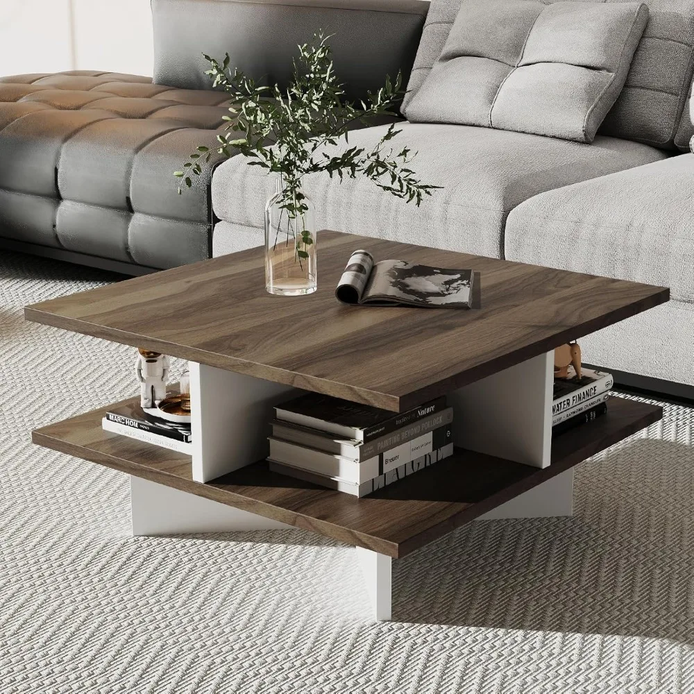 

Farmhouse Coffee Table with Storage, 2-Tier Square Center Table with 4 Storage Compartments & Cross-Shape Base, Modern