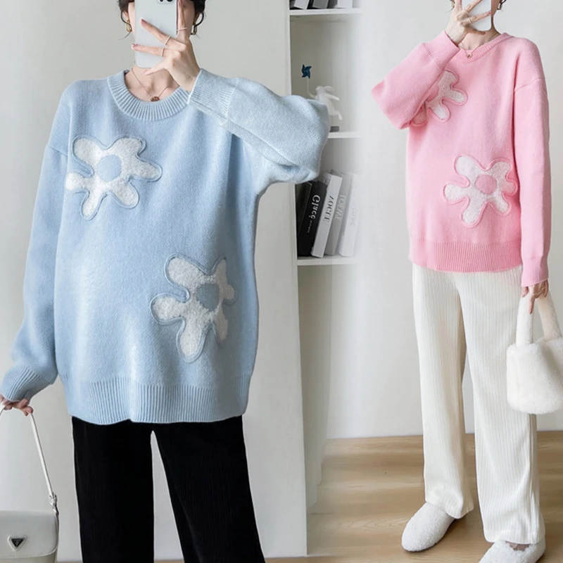 Autumn Winter Fashion Flowers Knitted Maternity Sweaters Loose Pullovers Clothes for Pregnant Women Casual Pregnancy Tops