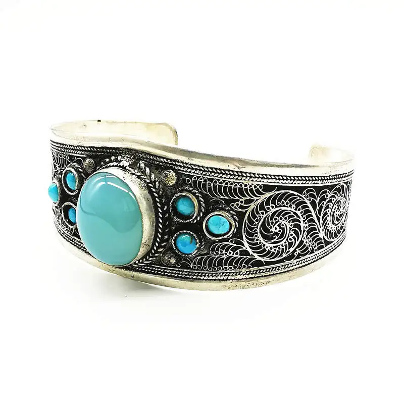 Tibetan Jewelry Copper Inlay Natural Stone Bead Wide Open Cuff Multi Stones 2024 Fashion Trend BB-019