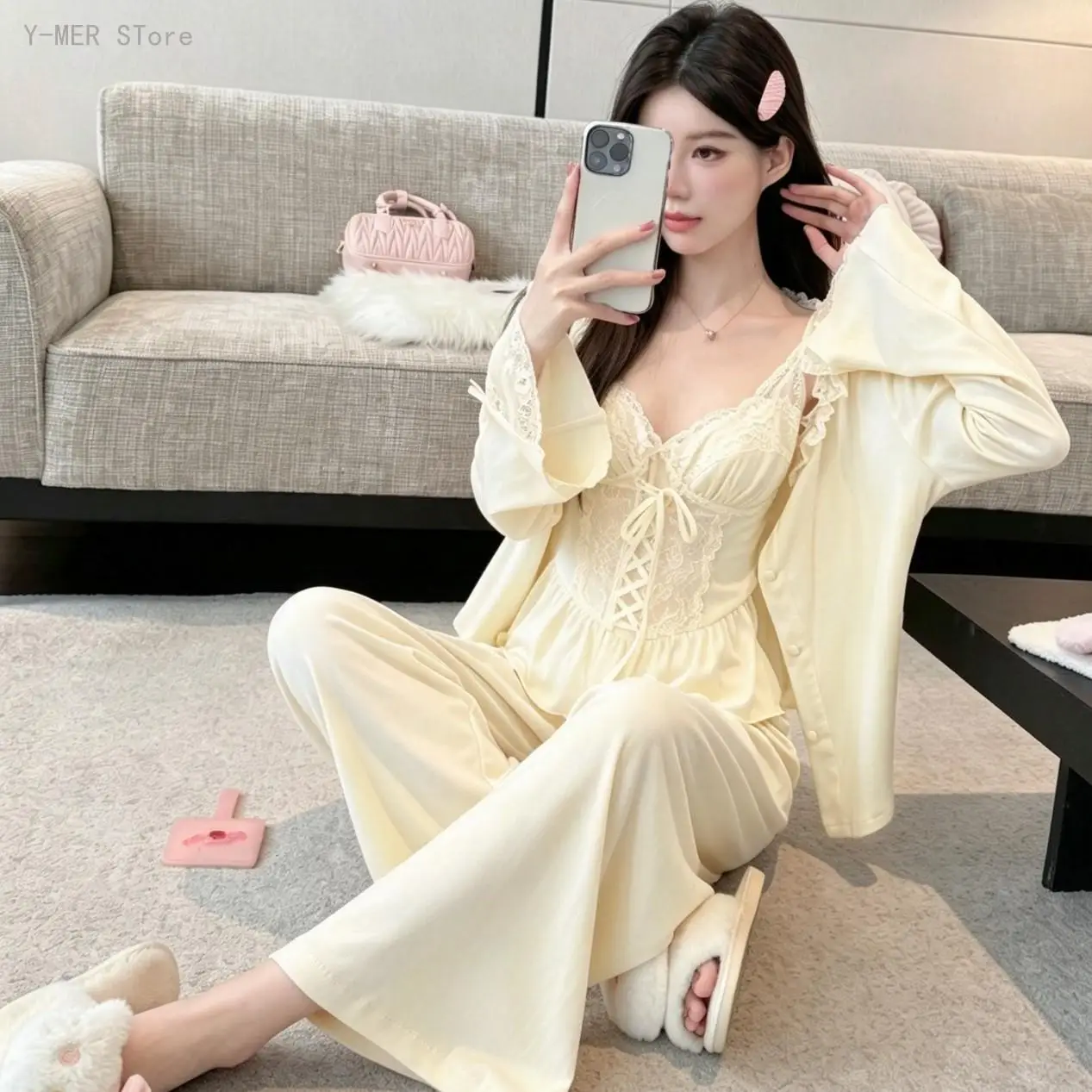 Women French Style Three Piece Pajama Set Autumn New Skin Friendly Long Sleeve Soft Sweet Casual Ladies Home Sleepwear