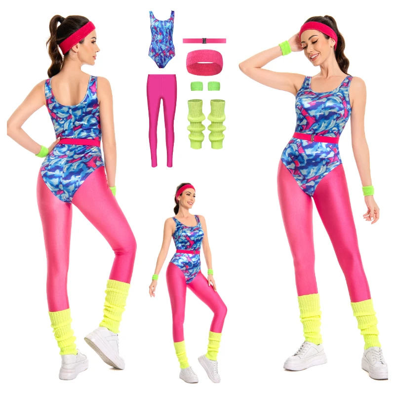 Disfraz Hippie Retro de los años 80 para mujer adulta, disfraz de fantasía, discoteca, ropa deportiva, cinturón Haeband, traje de fiesta de Carnaval y Halloween de fantasía para mujer