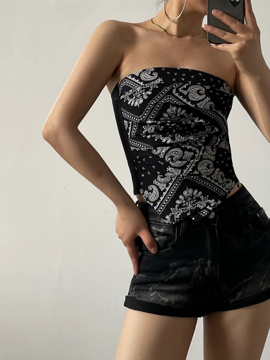 

AcupStudio Сексуальный женский укороченный топ в американском ретро-стиле с двухцветным принтом «Цветы миндаля», уличный стиль, облегающий крой, короткий жилет