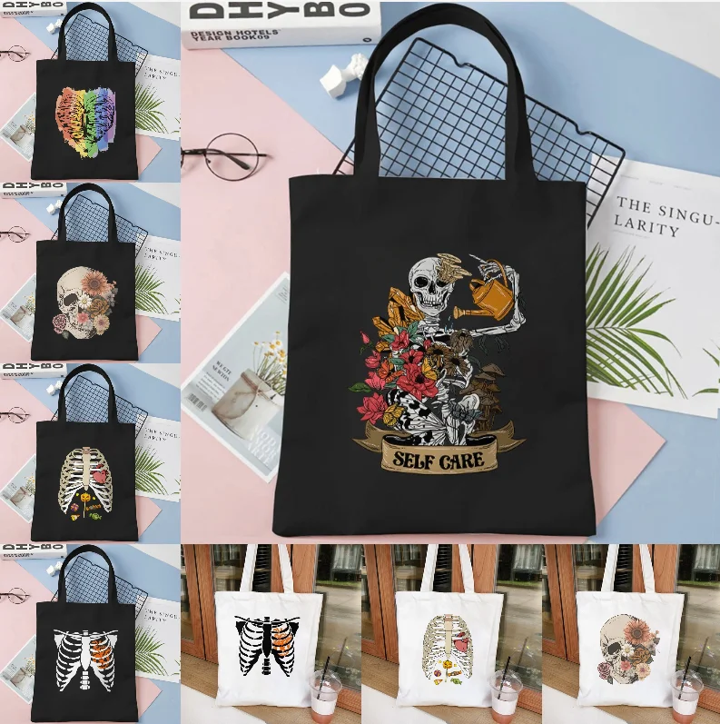 

Skeleton Flower Canvas Handbag Gothic Dark Pattern Women's Daily Work Party Shopping Large Capacity Canvas Bag