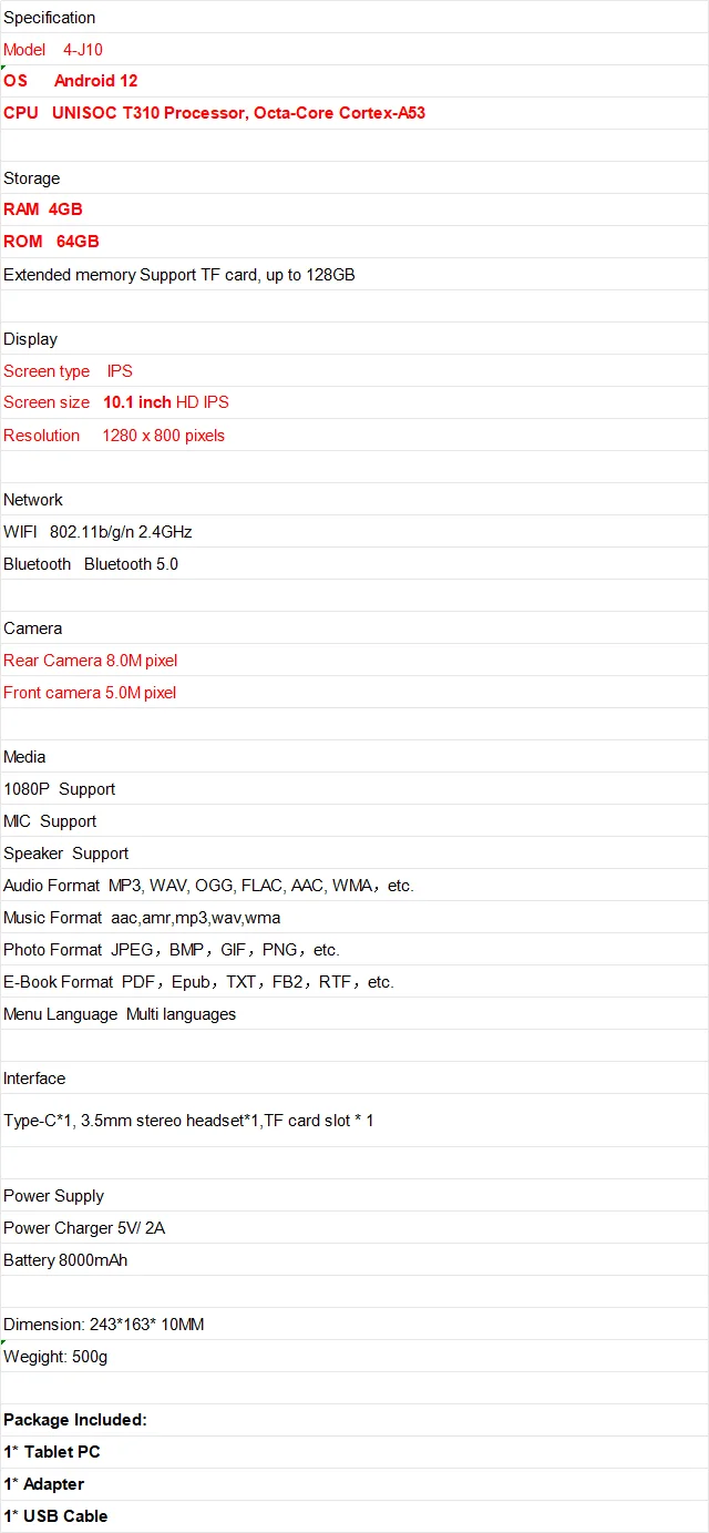 1280x800 IPS 10.1" Android 12 Tablet PC UNISOC T310 Quad-Core 4GB RAM 64GB ROM 8000mAh Dual Camera