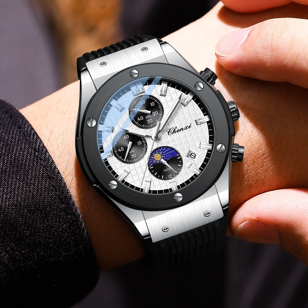 CHENXI Luxury Mens Watches Sports Calendar Moon Phase Quartz Wristwatch Men Chronograph Waterproof Silicone Strap Clock