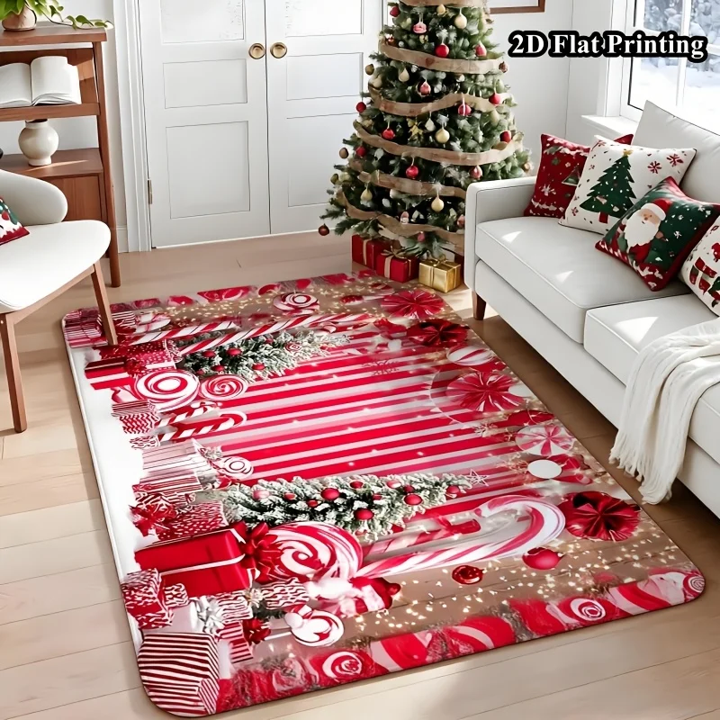 1pc 2D Flat Christmas Rug, Candy Cane Lollipop Gift Box Pine Branch Print, Machine Washable, Soft, for Entryway, Living Room