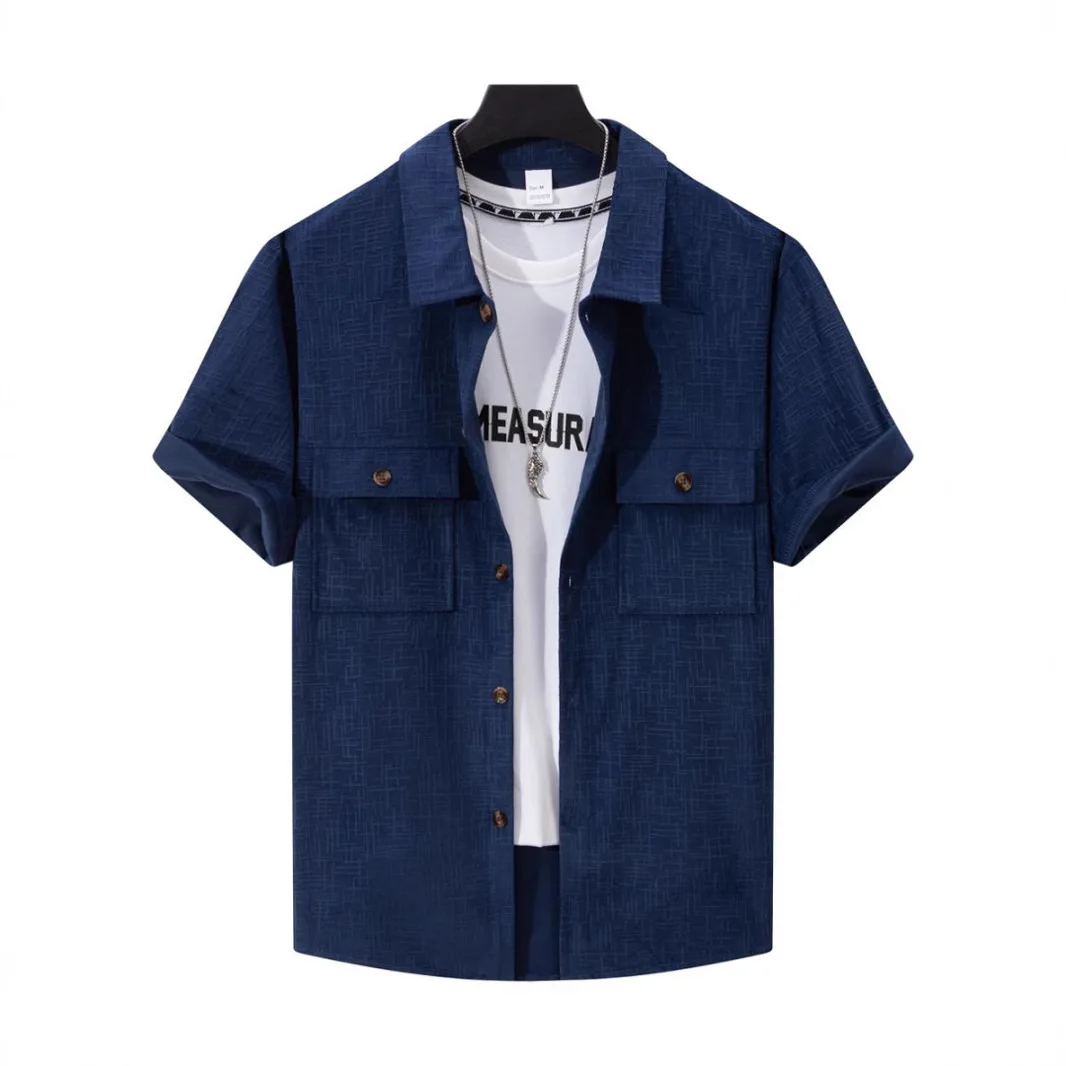 2025 summer men's new urban solid color short-sleeved shirt corduroy lapel button design simple trend casual jacquard cardigan