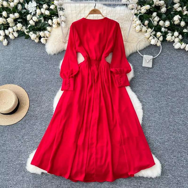 Vintage V-neck Basics Long Lantern Sleeve Elegant Three-dimensional Floral Slim Dress French Fashion High Street Autumn Clothing