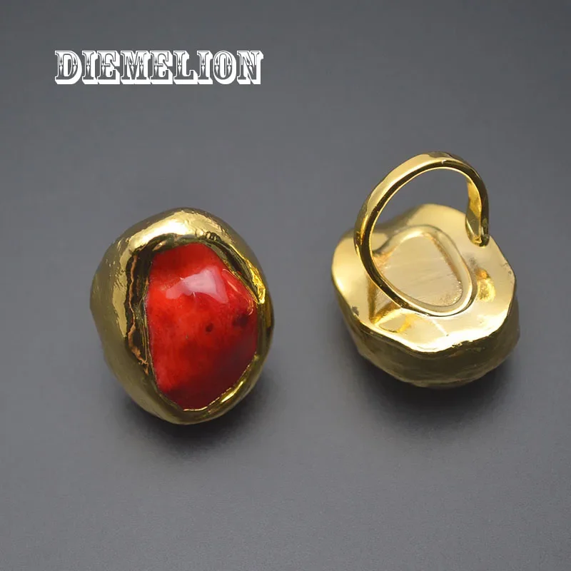 24K Gold Plated Bige Size Natural Irregular Red Coral Rings for Men Woman Open Adjustable Large Ring Luxury Fine Jewelry