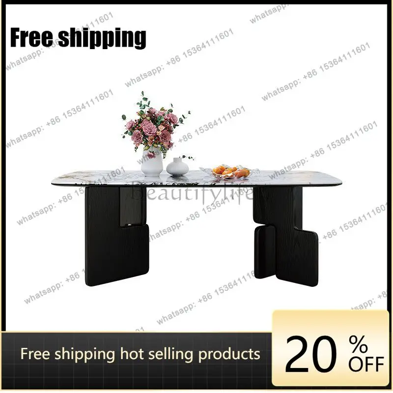 YJ Italian minimalist natural marble dining table, minimalist light luxury rectangular high-end luxury stone solid wood