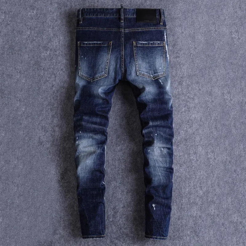 Men's Autumn Slim Fit Designer Fashion Jeans Retro Blue Washed High Waist Nostalgic Elasticity with Wrinkles And Scratches
