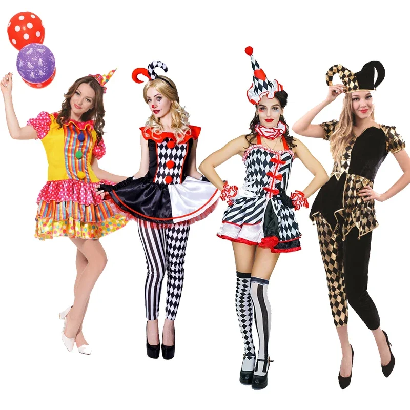 Clown Costume Women Halloween Fancy Dress Adult Funny Circus Clown Costumes Cosplay Party Dress Role Play Clothing with Hat MS34