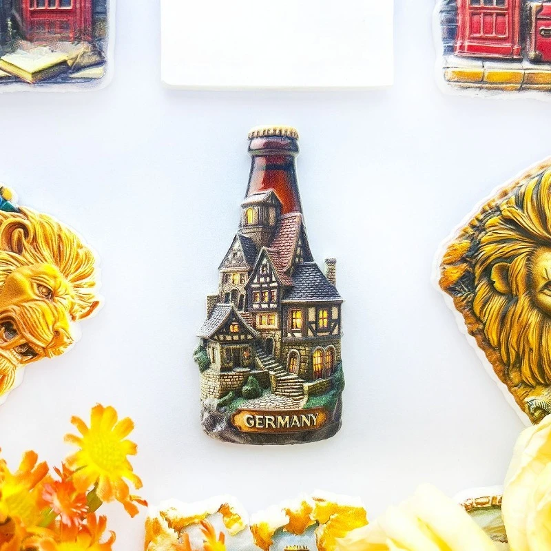 Germany Wine Bottle Fridge Magnet - Whimsical 3D Village & Tavern Souvenir Unique Bavarian Gift for Travel & Rustic Decor