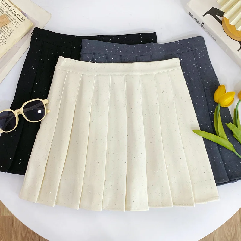 

Женская юбка А-силуэта с пайетками, осенне-зимняя новинка, складная конструкция с защитой от просвечивания, повседневная, с высокой талией, короткая юбка
