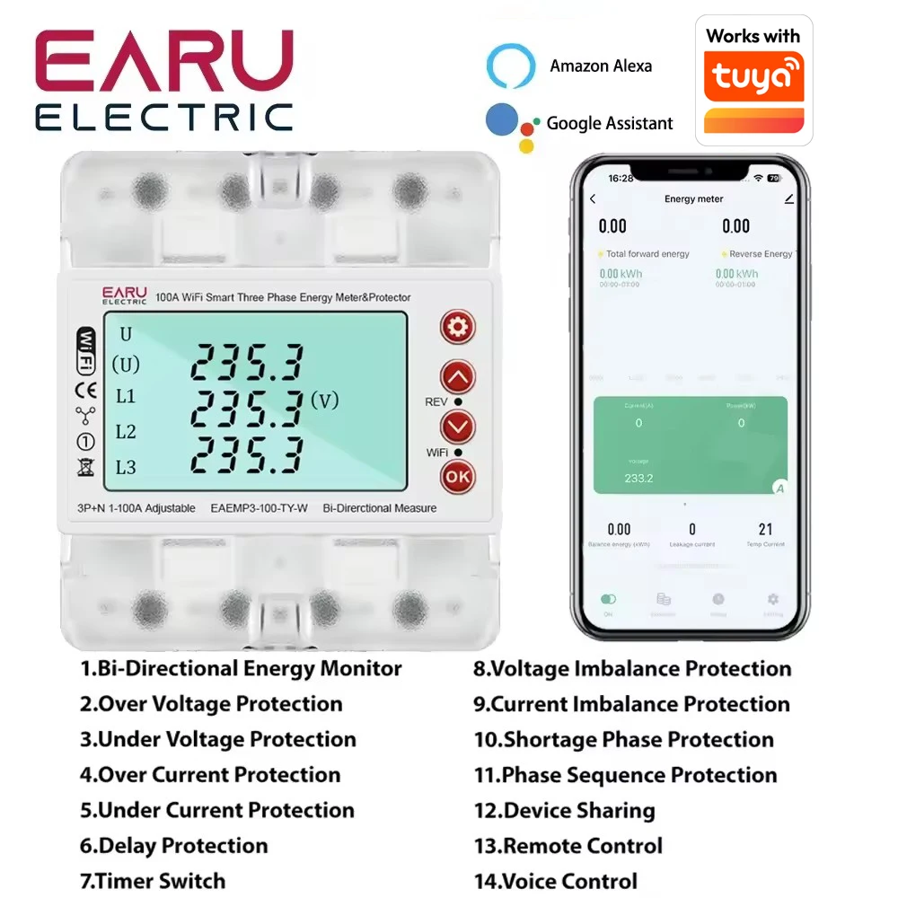 

3-фазный двухнаправленный измеритель мощности кВт/ч с Wi-Fi Tuya 380 В, защита от перенапряжения, релейный переключатель, ограничение тока