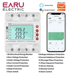 3 Phase 380V 100A Tuya WiFi Smart Bi-Directional Energy Power kWh Meter Over Under Voltage Protector Relay Switch Current Limit