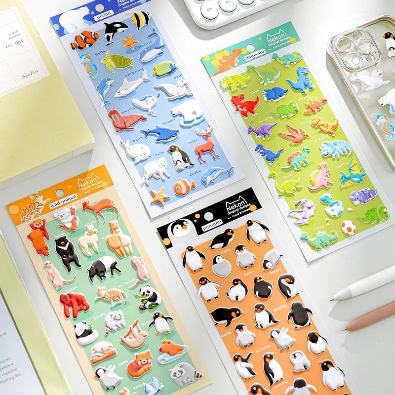 الكورية استيراد NEKONI الكرتون البطريق ديناصور المحيط الحيوانات ملصقات ثلاثية الأبعاد سكرابوكينغ لتقوم بها بنفسك مجلة لطيف القرطاسية المدرسة ملصق