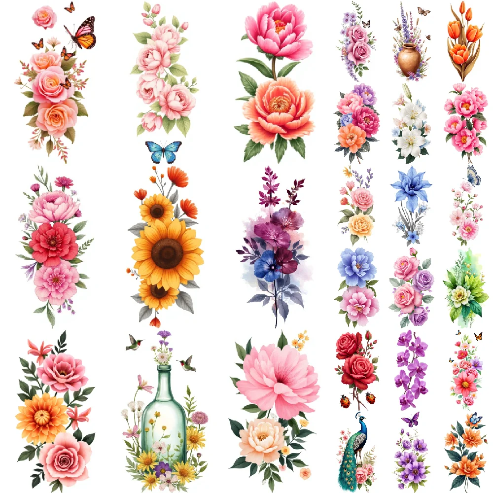 9pcs Temporary Tattoo Orchid Flowers Temporary Tattoo Stickers Colorful Flowers Pink Roses For Male Shoulders Back