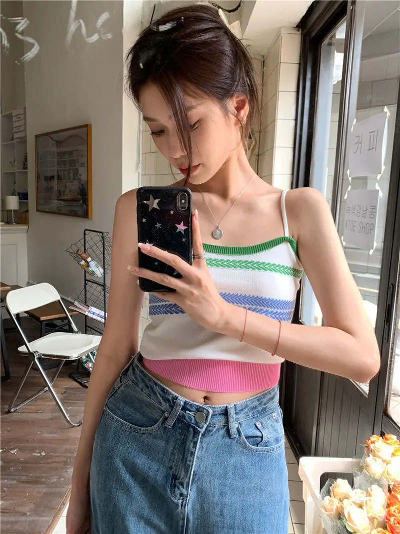 Woven Colorful Striped Camisole Small Vest Women\'s Vintage Temperament Short High-waisted Babes Pure Desire Top