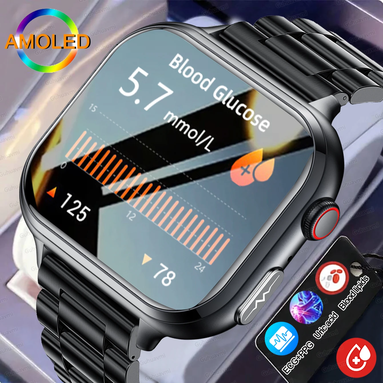 2025 nuevo grado médico AI diagnóstico reloj inteligente azúcar en sangre ECG + PPG lípidos en sangre ácido úrico monitoreo de salud pantalla HD reloj inteligente