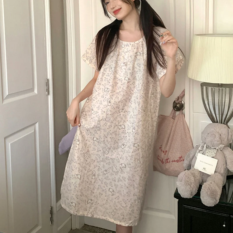 Rubbit Sleepwear Woman Short Sleeves Summer Nightgown Korean Nightwear Night Dress One Piece Pajamas Sleeping Home Wear 2024 New