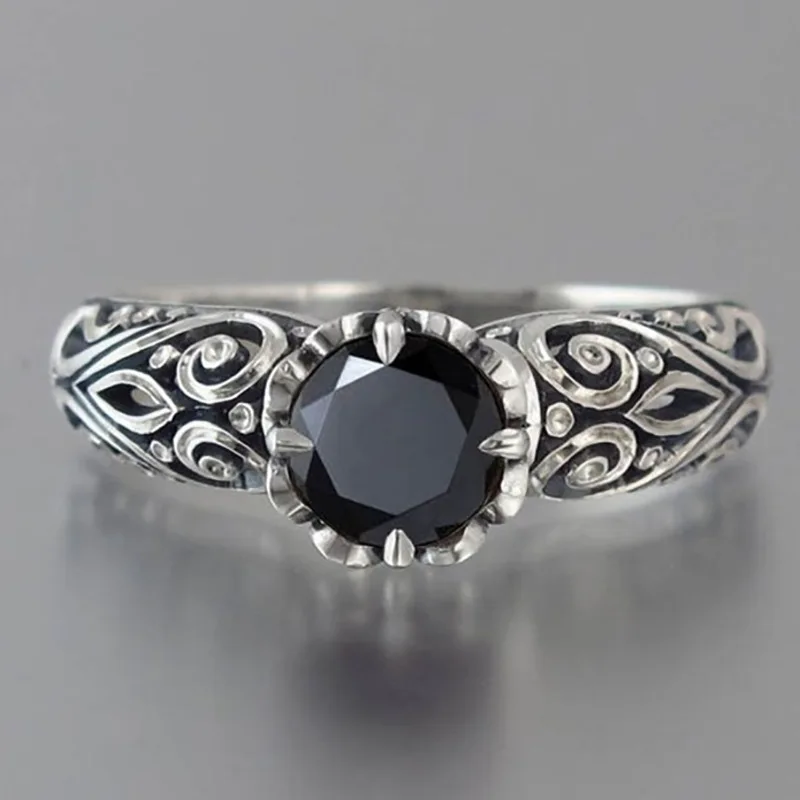 Open Size Crystal Black Ring for Men and Women's Trendy Personality Vintage Hollow Out Finger Jewelry Thai Silver Rings KOFSAC