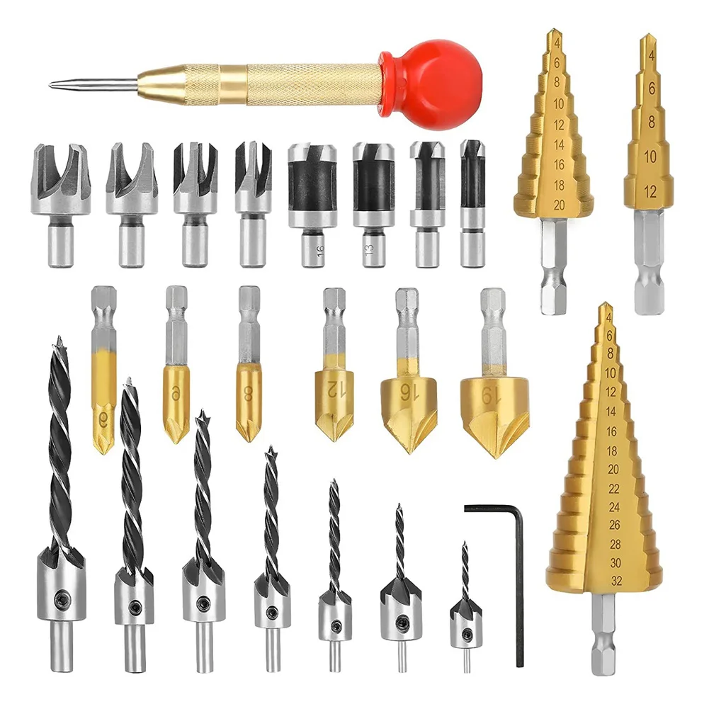 

26-Piece Woodworking Drill Bit Set Pyramid Drill Bits Center Punch Three-Point Countersunk Drill Pentagonal Chamfer PlugDrill
