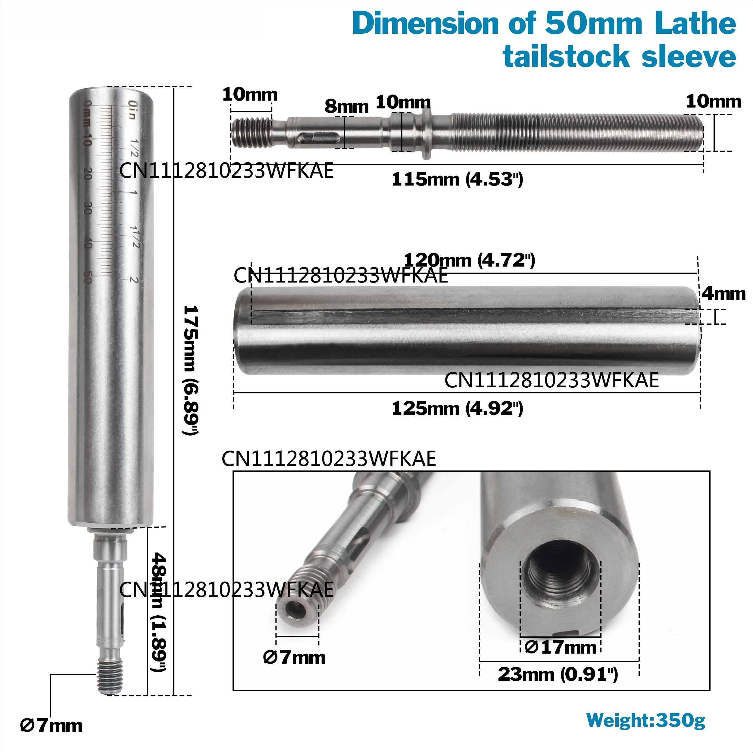 Lathe Accessories MT2 Tailstock Sleeve with Lead Screw, suitable for WM-210V / MX-210V / CD-210 or CJ 0618 lathes
