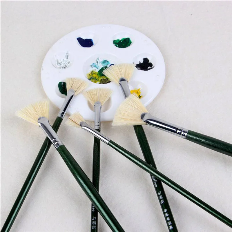 6pcs/Set Hand Drawn Pig Bristle Hair Fan Shape Painting Pen Artist Oil Painting Brushes Art Supplies Stationery Free Shipping