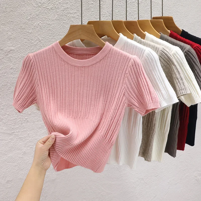 Nice Women's Clothing Round Neck Tops Tees For Women In Spring Summer 2025 Solid Color Slim Fit Simple Versatile Knit Top T-Shir