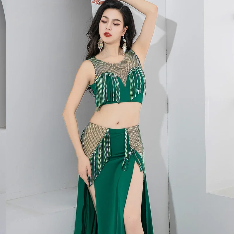 Belly Dance Performance Costume Women\'s Customized Light Luxury AB Stones Tassel Set Adult Oriental Dance Competition Clothing