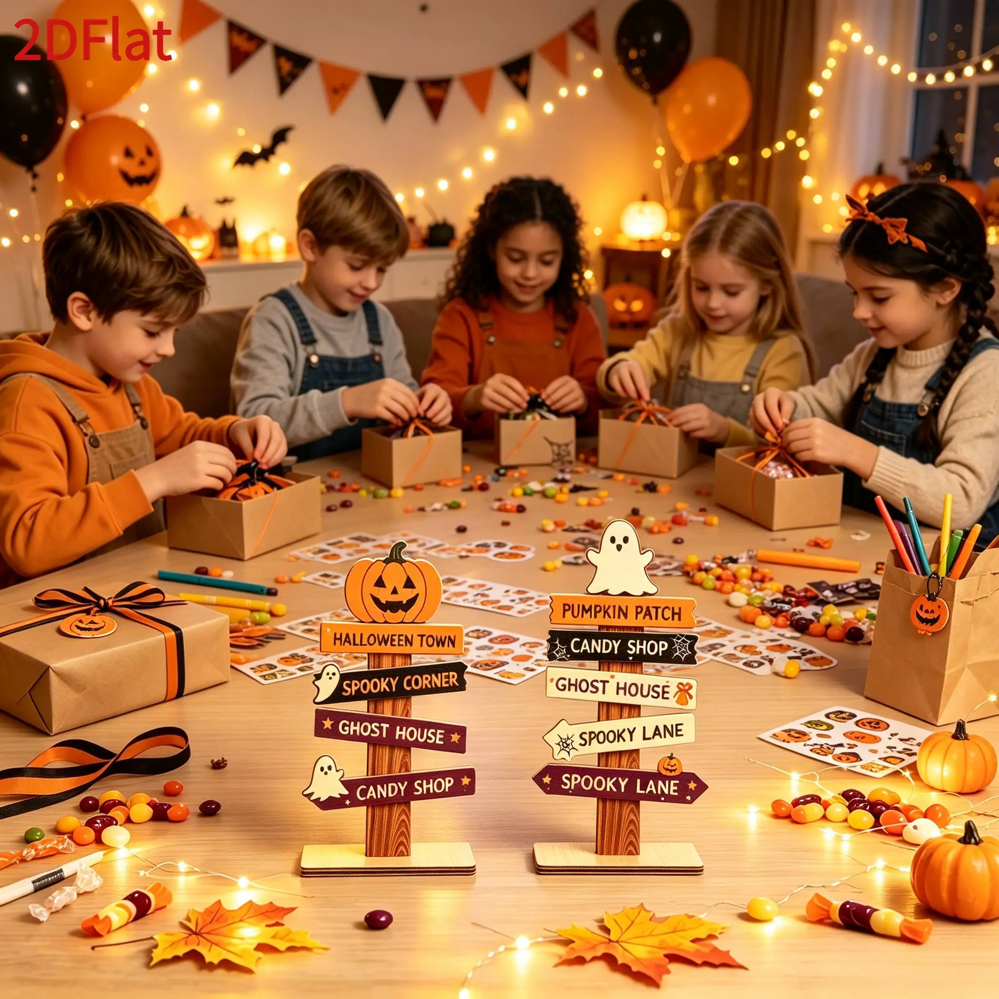 4/2 Pieces of Randomly Assorted Halloween Wooden 2D Flat Standing Directional Signs for Tabletop Decoration, with Pumpkin and Ghost Shapes on the Top, Multi-Layered Arrow Signs with Fun Text Slogans Like 