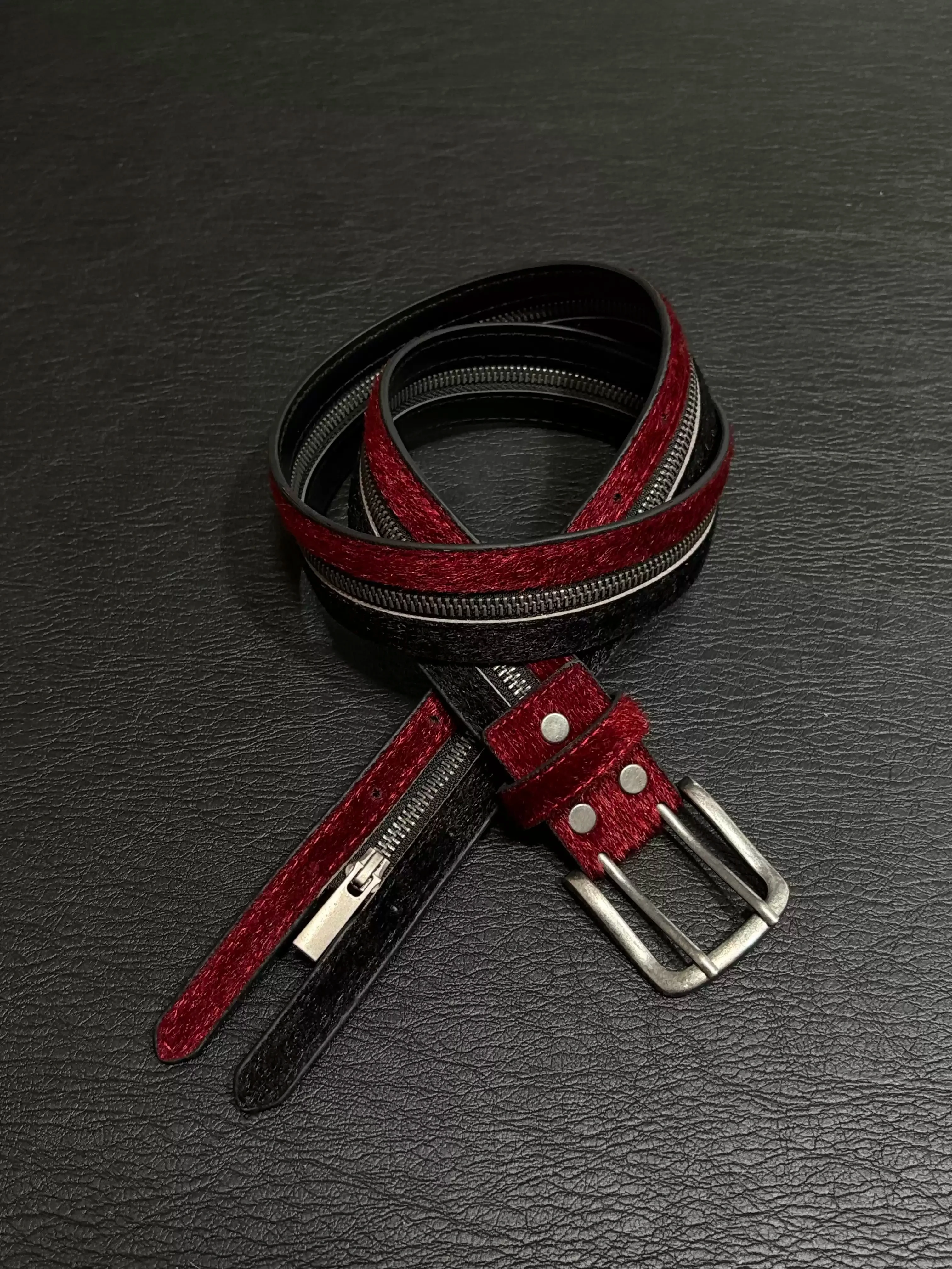 

Красный бархат, черная кожаная молния, дизайн, высокое качество, панк, хип-хоп, индивидуальная пряжка, поясной ремень, аксессуары