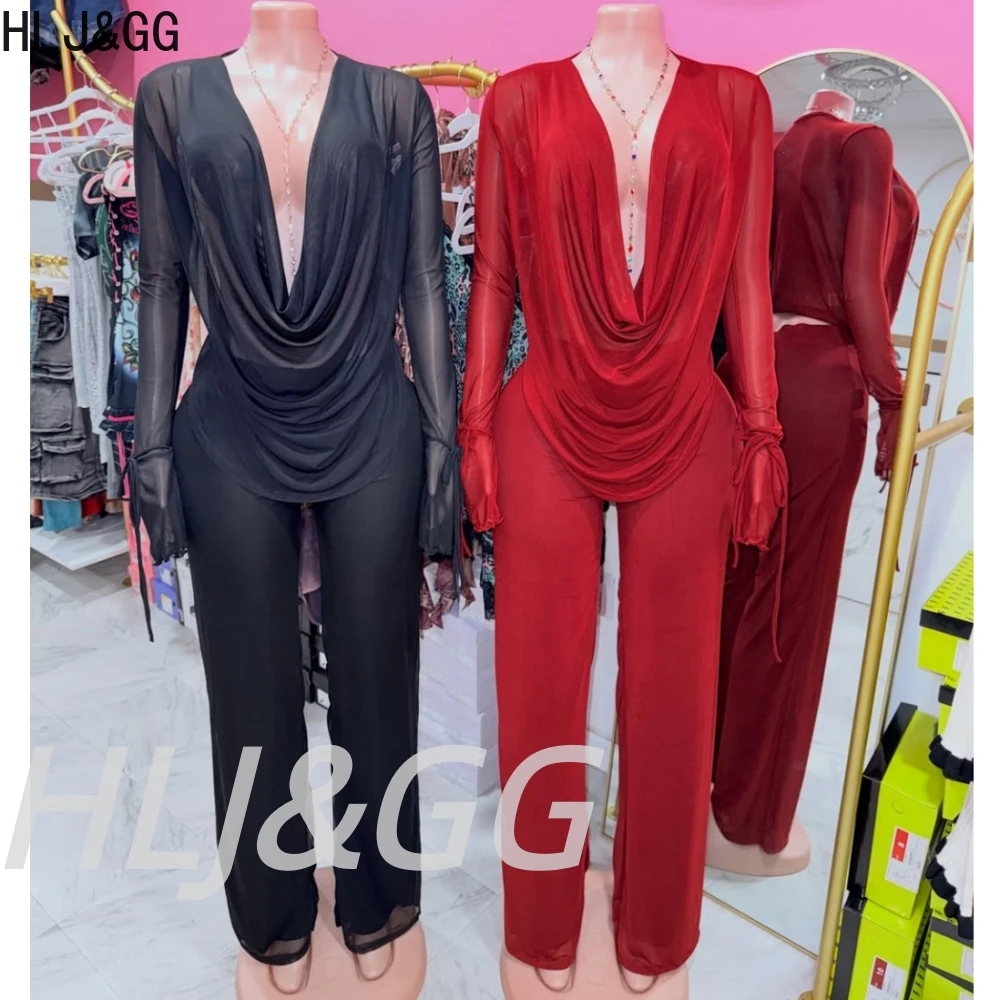 HLJ&GG Sexy Mesh See Though Bandage Two Piece Sets Women Deep V Long Sleeve Top And Pants Outfits Fashion Spring New Streetwear