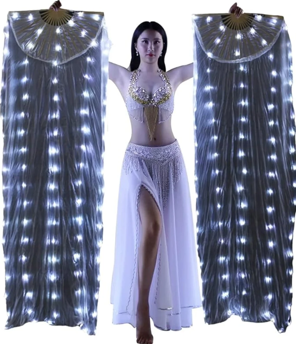 جديد الأبيض 1 زوج LED مروحة الحجاب الرقص الشرقي 100% الحرير مروحة الرقص الحجاب توهج الثناء مصباح ليد يصل العرض
