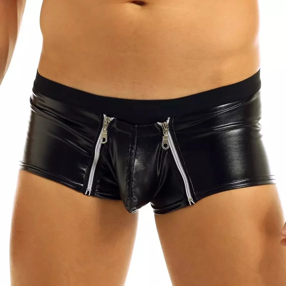Mens Pu Leather Underwear Sexy Boxer Shorts Double Zipper Front Large Pouch BDSM Gay Fetish Plus Size Ropa Interior Fetiche