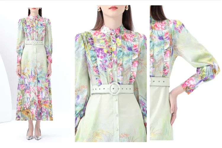 ZAROY Abito lungo con stampa floreale Abbigliamento da vacanza per donna Manica lunga Colletto alla coreana Cintura Abito lungo a trapezio Abiti di lusso Abiti