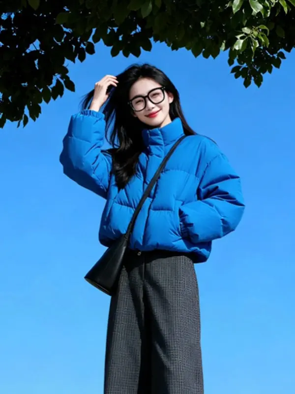 

Korean Retro Blue Short Puffer Jacket, Women's Stand Collar Chic Quilted Coat for Winter