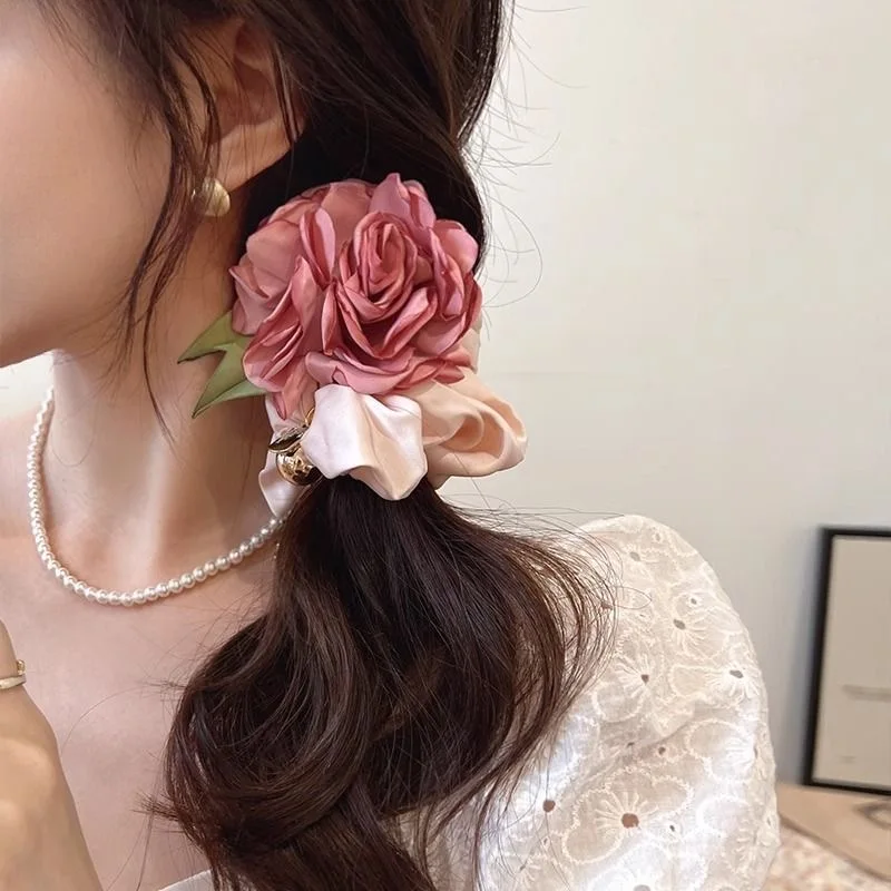 Vintage Big Flower Hair Ring Headband Girls Korea Elastic Rubber Band Hair Rope for Women Ponytail Tie Hair Accessories