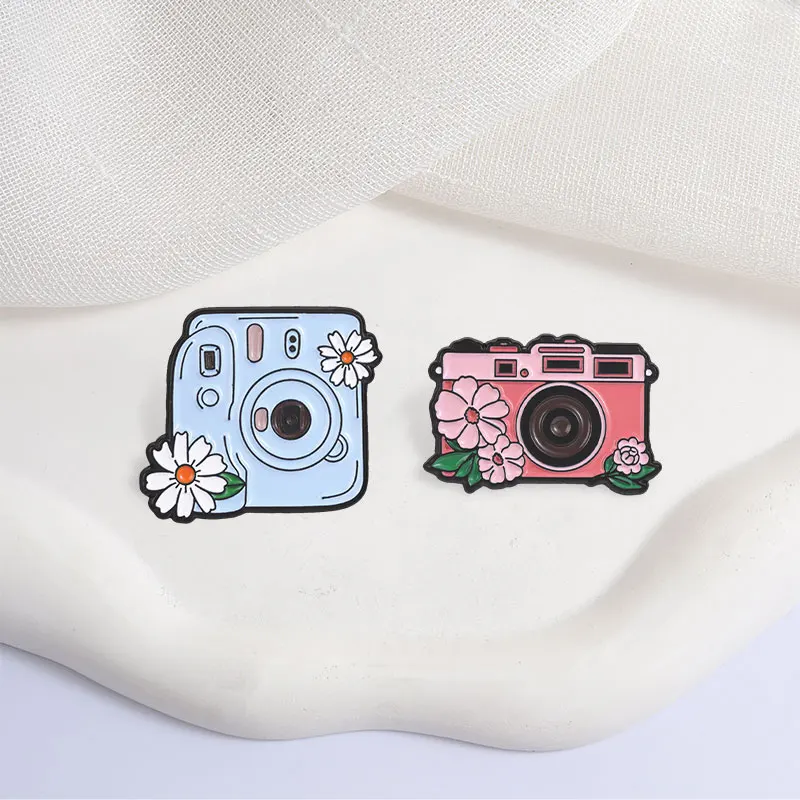 Cartoon Pink Blue Floral Badge Cute Flower Camera Enamel Pins Fashion Lapel Brooches Backpack Clothes Jewelry Gift for Friends
