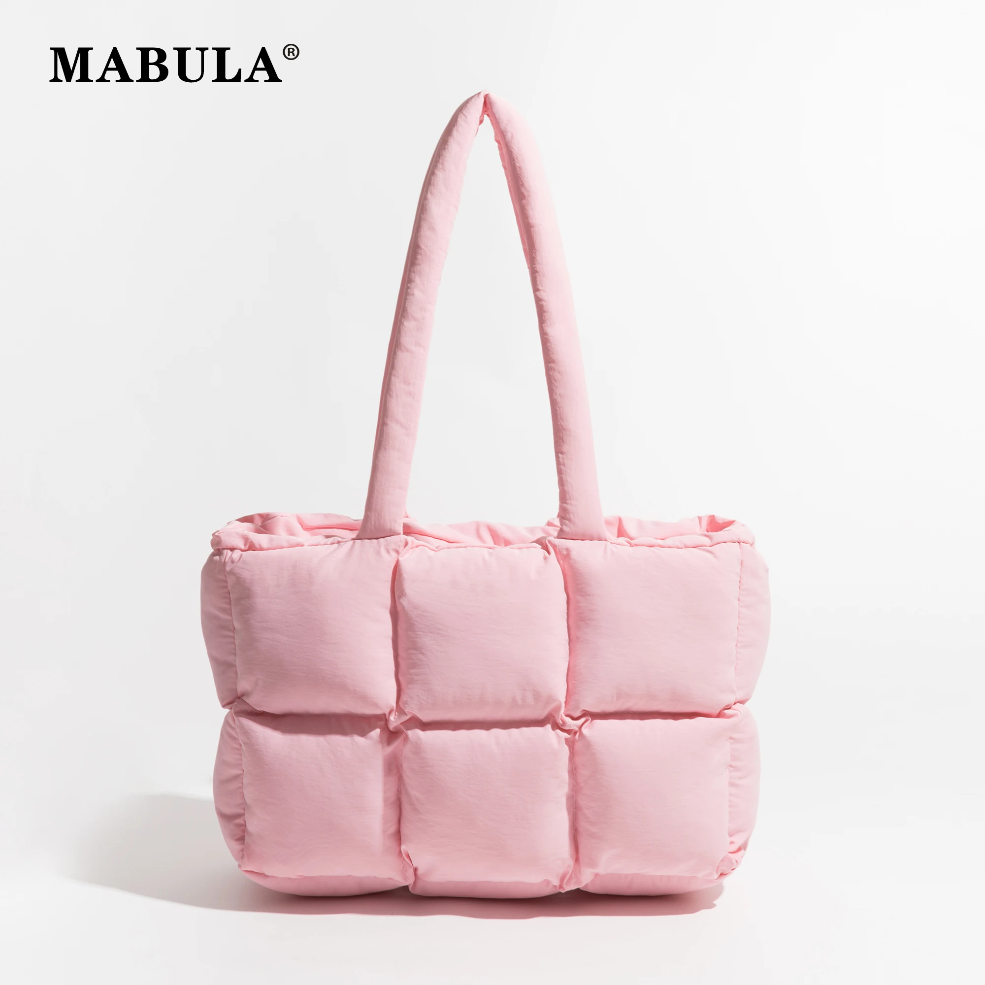 

MABULA Designer Candy Pink Square Padded Tote Bag Winter Brand Cotton Quilting Puffer Handbag High Quality Shoulder Hobo Purse