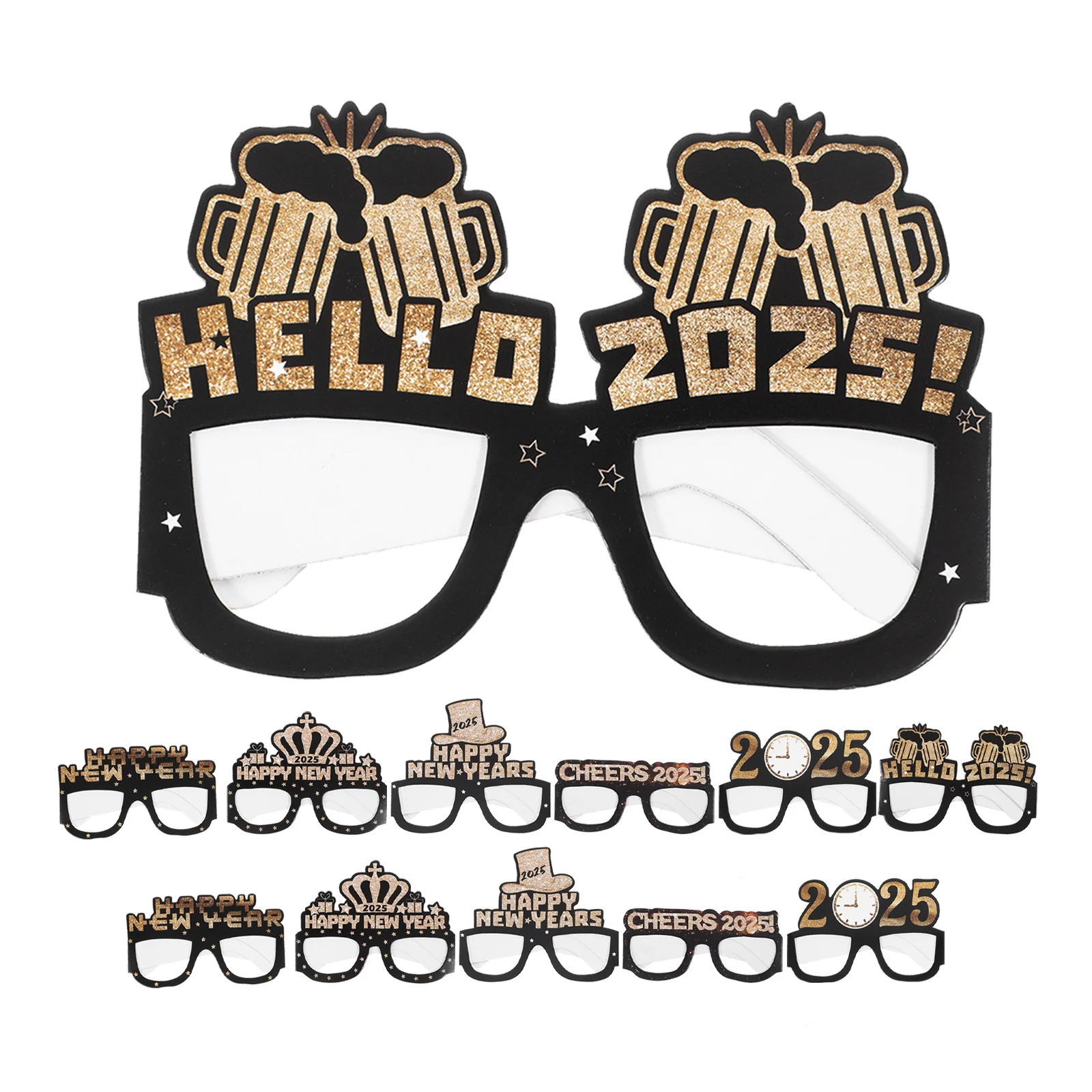 12 Pcs 2025 Paper Glasses New Year Frame Sunglasses Eyeglasses Christmas Decor Props Straw Modeling Wear for