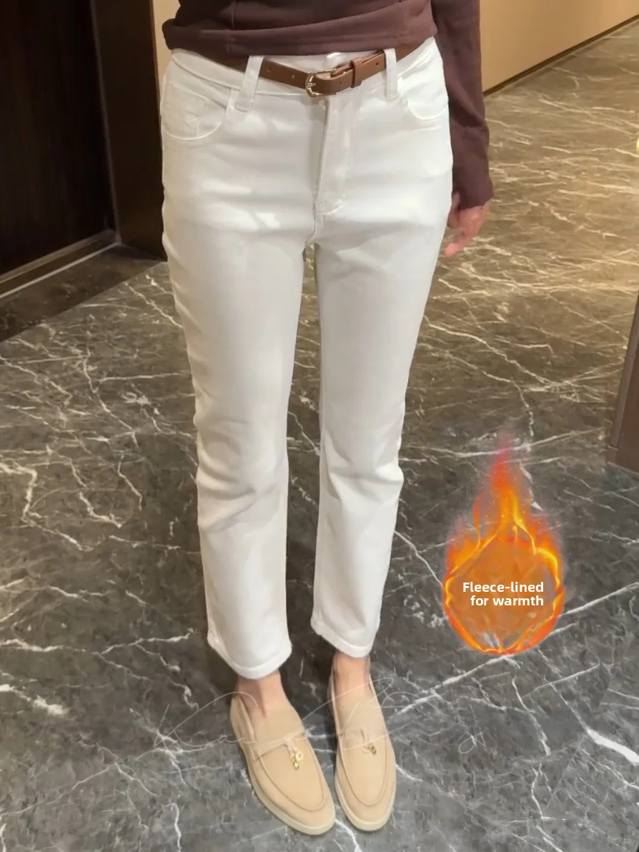 

High Waist Straight Leg Fce Lined White Jeans Women's Autumn Winter Warm Casual Cotton Stretch Denim Pants