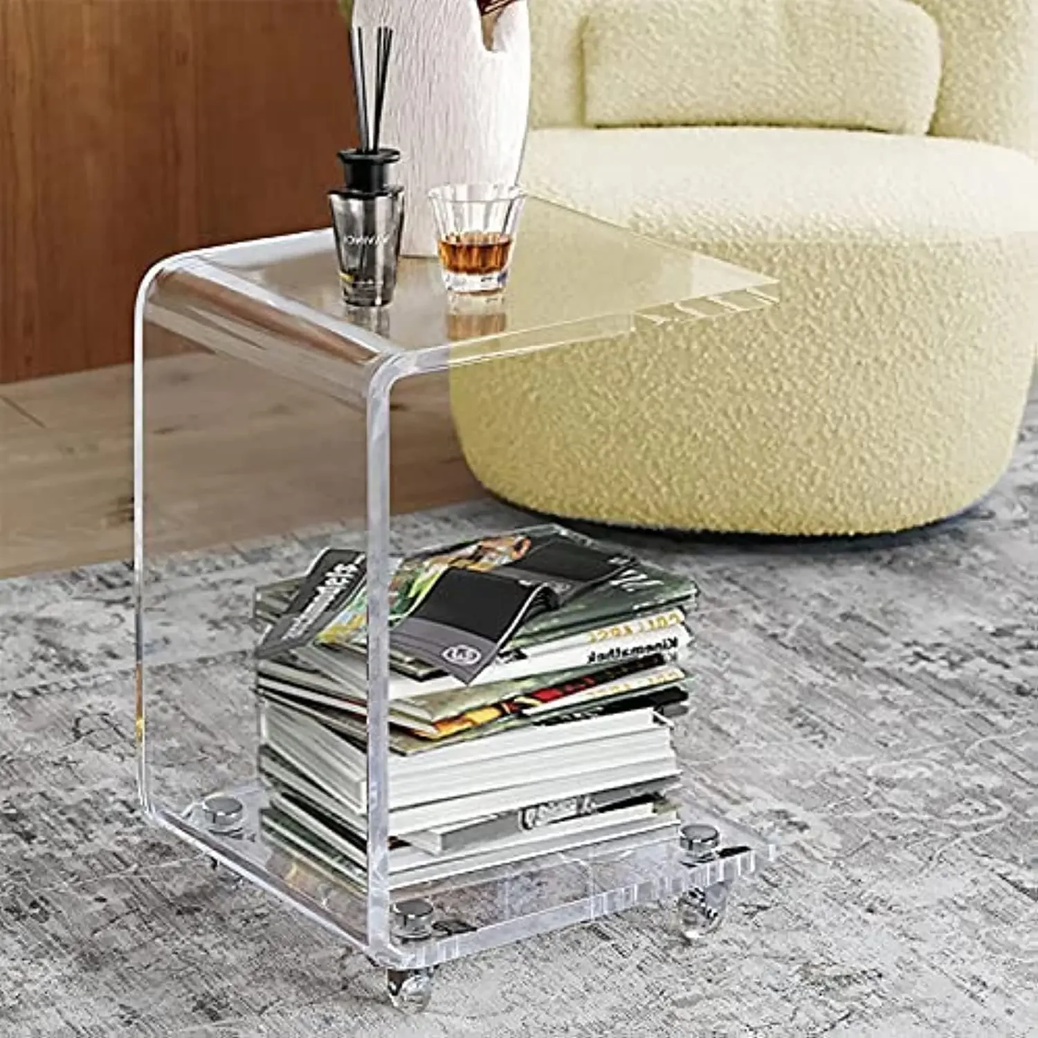 Mobile C Shaped End Table,Acrylic Sofa Side Table, Snack Table On Wheels,Clear Rolling Table