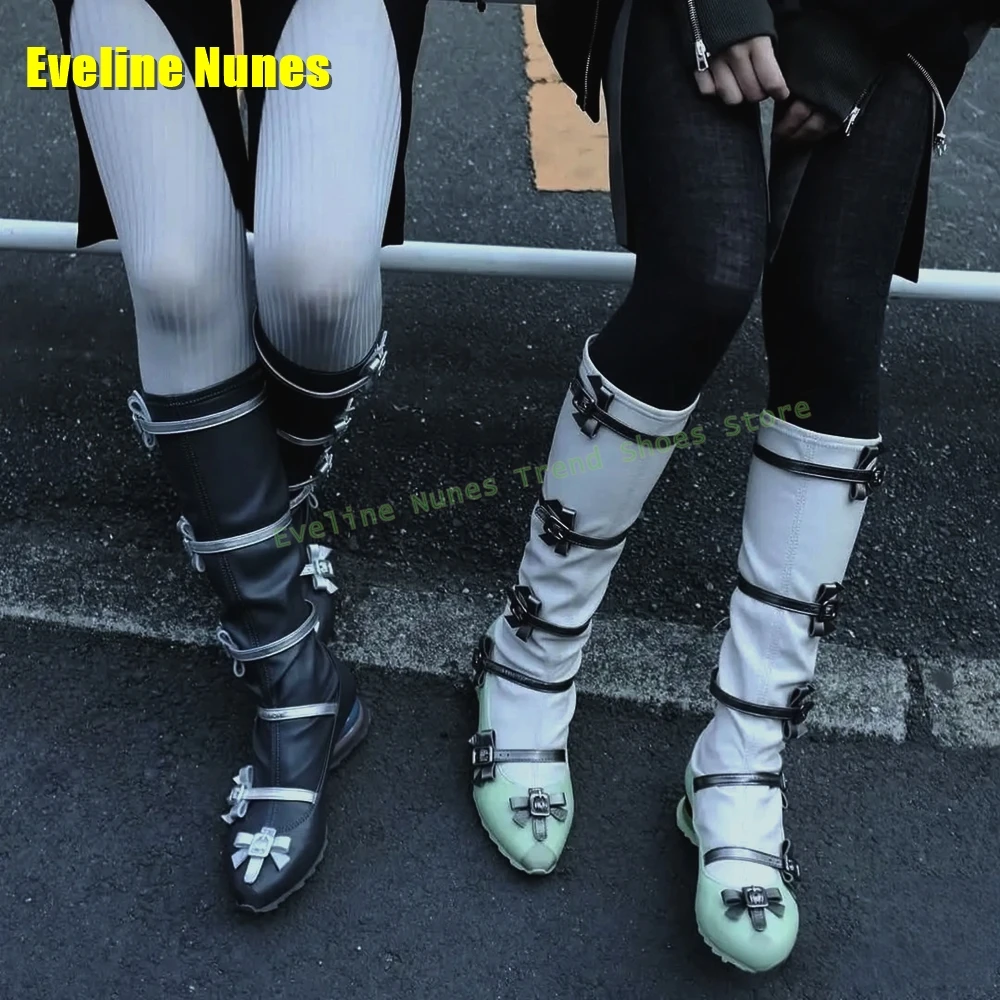 

Lolita Bow Buckle Strap Knee High Boots 2024 Spring Newest Pointed Toe Patchwork Large Size Sweet Cool Style Women Modern Pumps