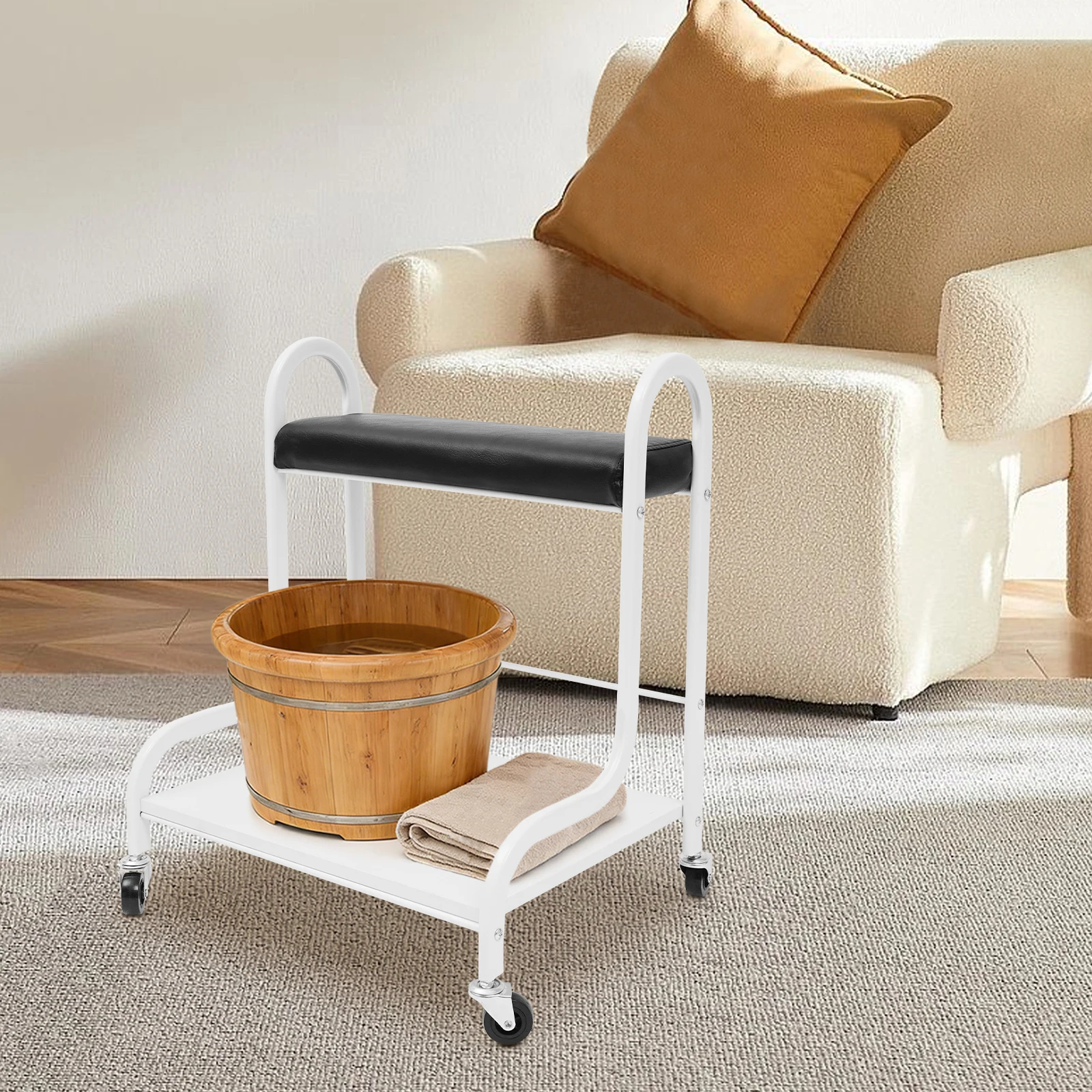 Foot Bath Trolley Cart 2‑Tier 220.46LBS Load Capacity with 4 Universal Wheels Metal Wood Salon Foot Spa Trolley for Foot Massage Manicure Home Beauty Salon Use